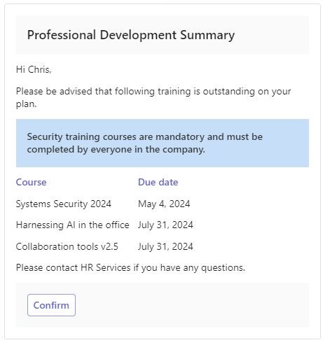 Professional development summary card for HR sign-off inside Microsoft Teams