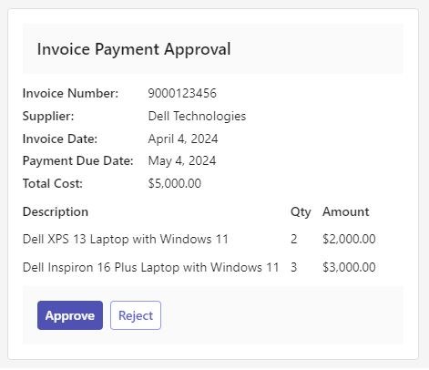 Looply invoice payment approval card inside Microsoft Teams, showing supplier, due date, line items and Approve or Reject buttons