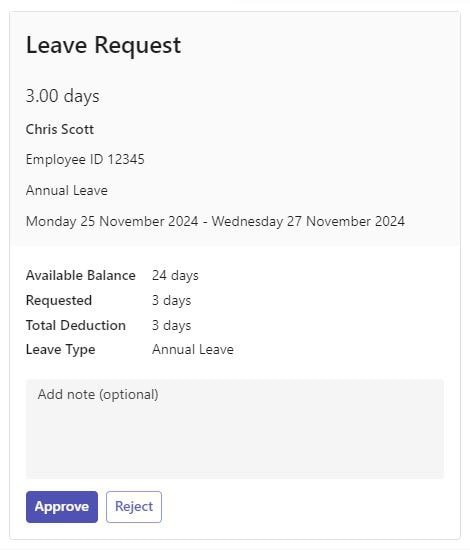 Leave request card showing employee, leave type, dates, available balance and a note field