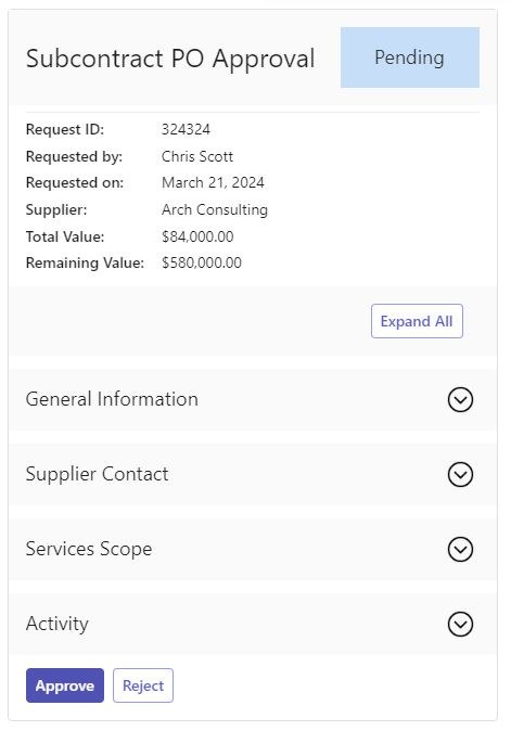 Subcontract purchase order approval card showing scope, value and approval actions