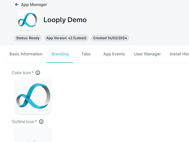 Looply App Manager branding tab: app name, status, version and the colour icon of a custom Teams app