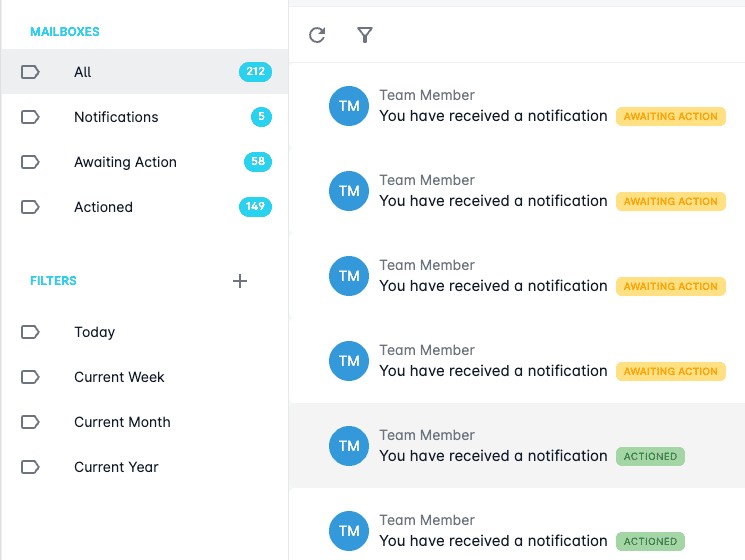 Looply Notifications Centre: mailboxes showing All 212, Awaiting Action 58 and Actioned 149, with status badges on each row