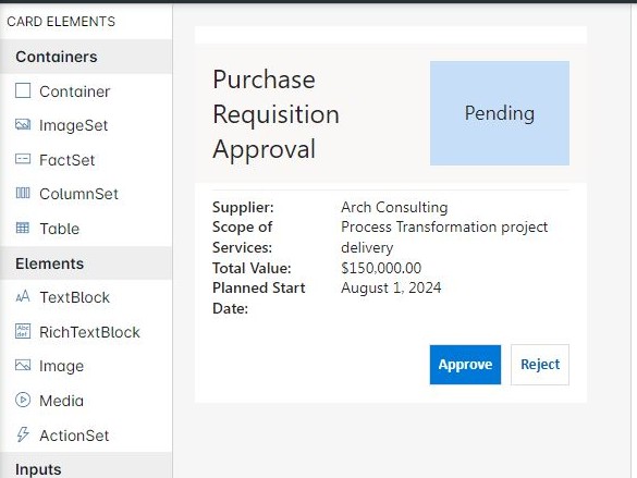 Looply Template Designer: card elements panel beside a live purchase requisition card preview with Approve and Reject buttons